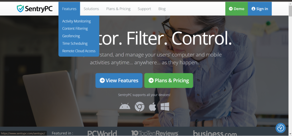 SentryPC Review – A look at SentryPC's dashboard, highlighting key features like activity monitoring, content filtering, geofencing, time scheduling, and remote cloud access.