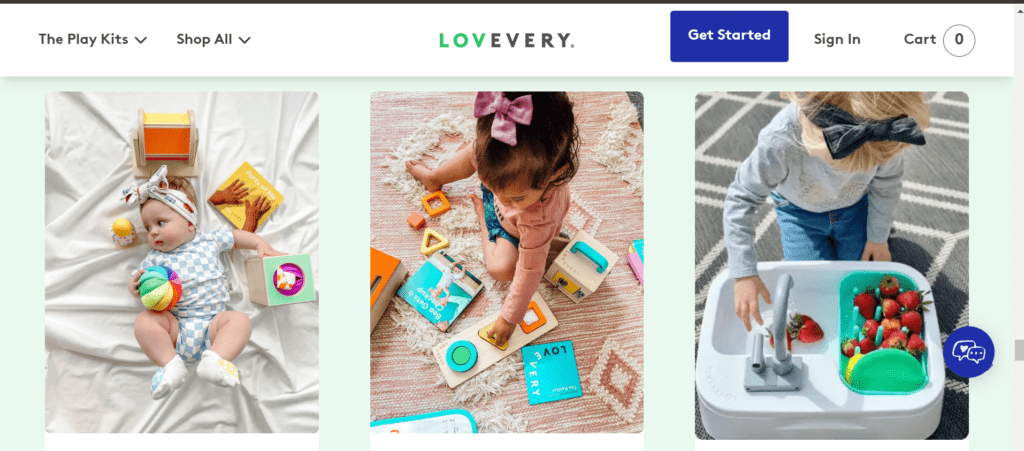 Children playing with LOVEVERY toys, including wooden blocks, activity sets, and a sensory play sink, showcasing the brand’s durable and high-quality materials.