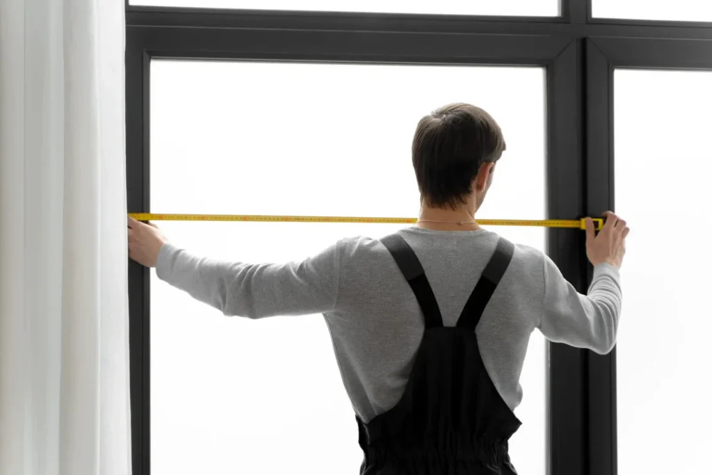 Illustration of a person measuring window width and height with a measuring tape to ensure the perfect curtain fit.