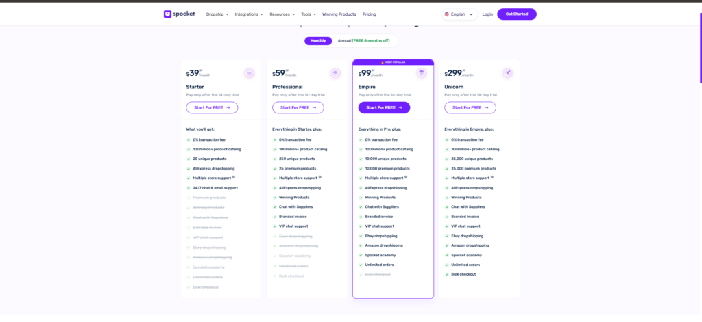 Pricing & Subscription Plans - Spocket Dropshipping Platform